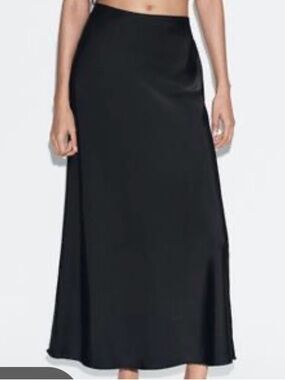 Zara Black Satin Midi Skirt